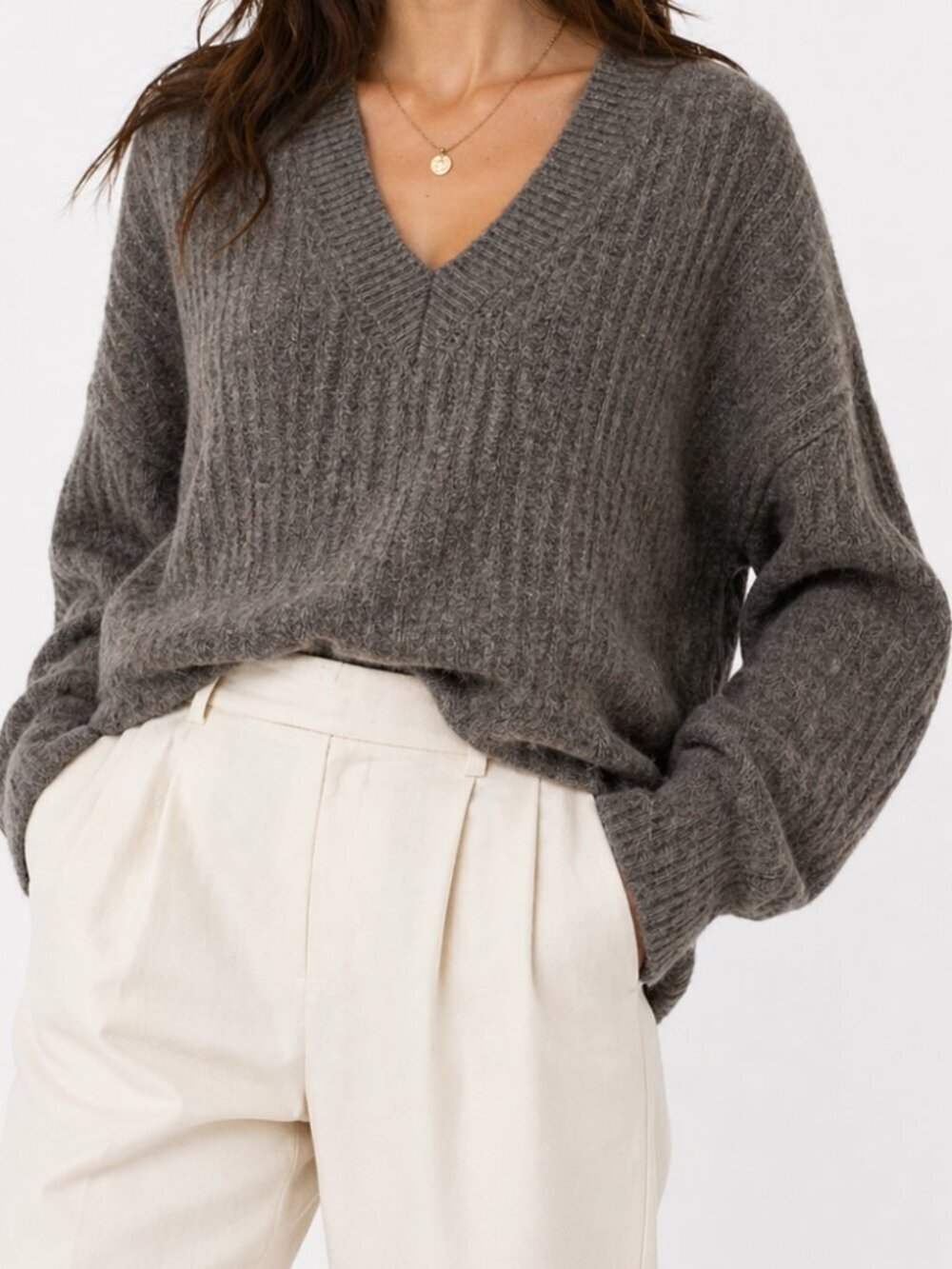 RALPH LAUREN Alpaca Wool V Neck Sweater Gray Small Black Label